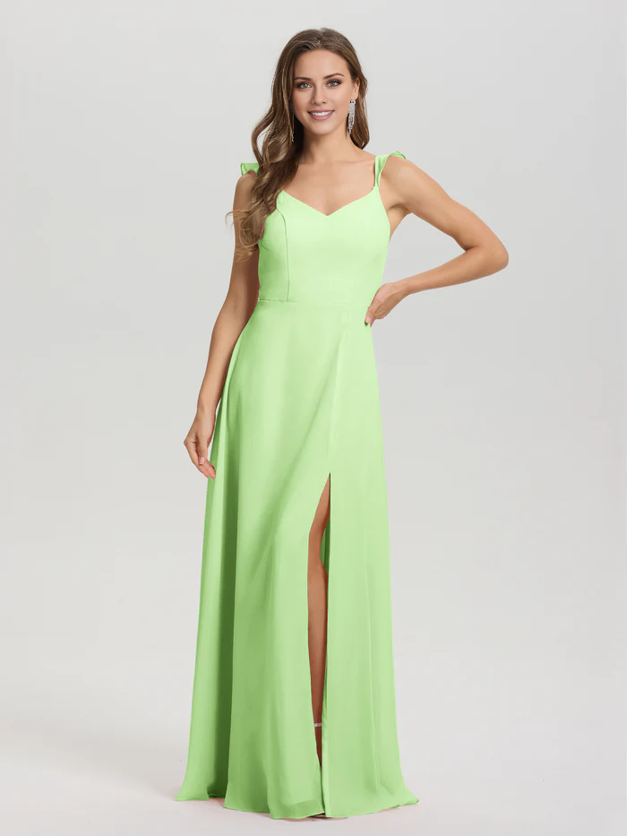 V-neck shoulder strap tied chiffon slit and floor length bridesmaid dress