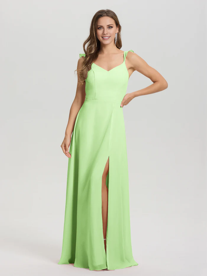V-neck shoulder strap tied chiffon slit and floor length bridesmaid dress