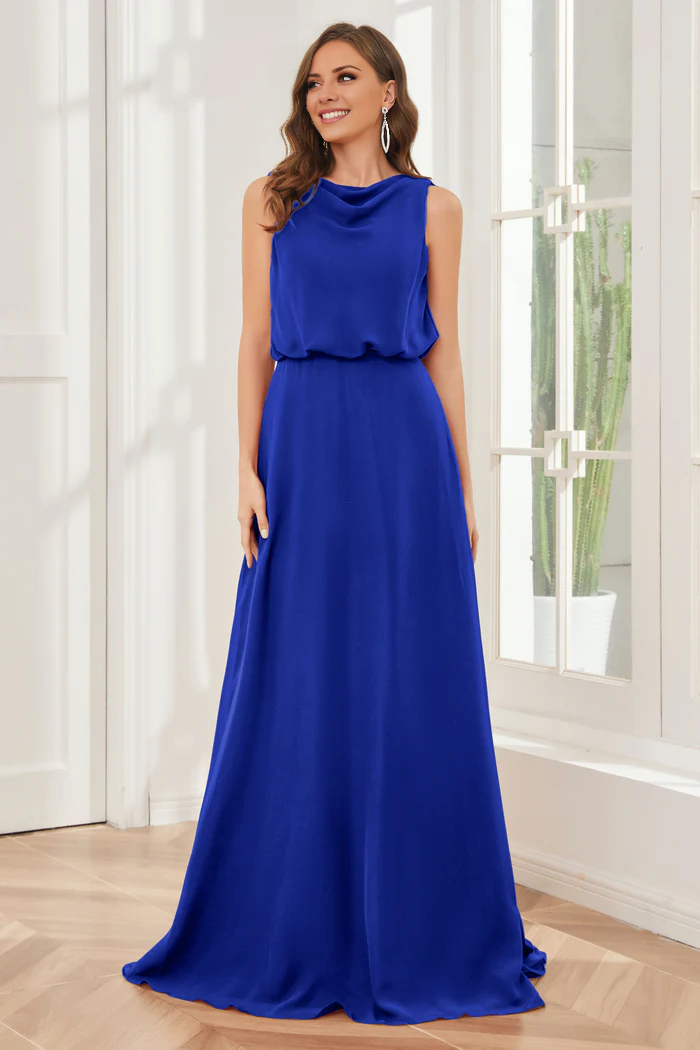 Pillar style wind neck sleeveless chiffon and floor length bridesmaid dress
