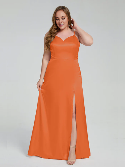 Split plus size soft satin and floor length bridesmaid dress