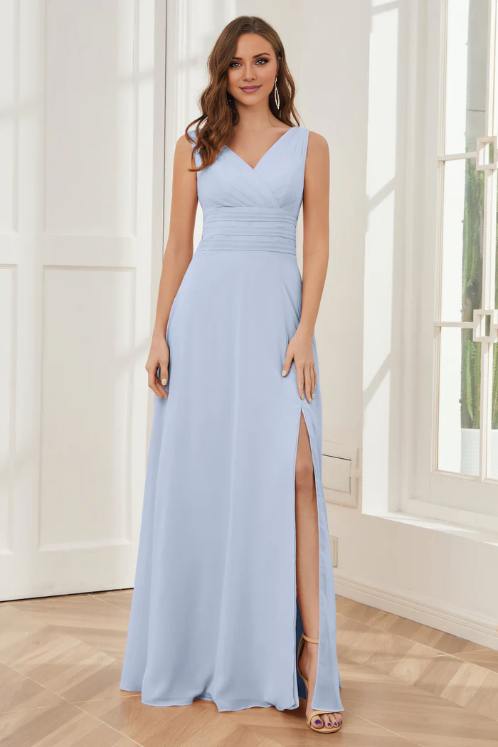 V-neck sleeveless chiffon side slit and floor length bridesmaid dress