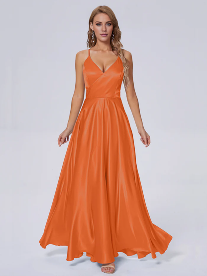 Elegant shoulder strap soft satin and floor length bridesmaid dress