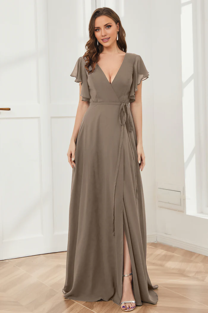 V-neck ruffled sleeve chiffon slit and floor length bridesmaid dress
