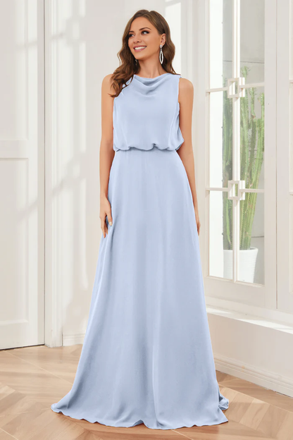 Pillar style wind neck sleeveless chiffon and floor length bridesmaid dress