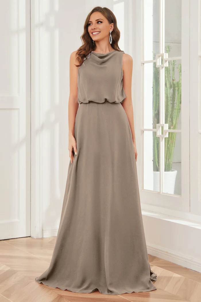 Pillar style wind neck sleeveless chiffon and floor length bridesmaid dress