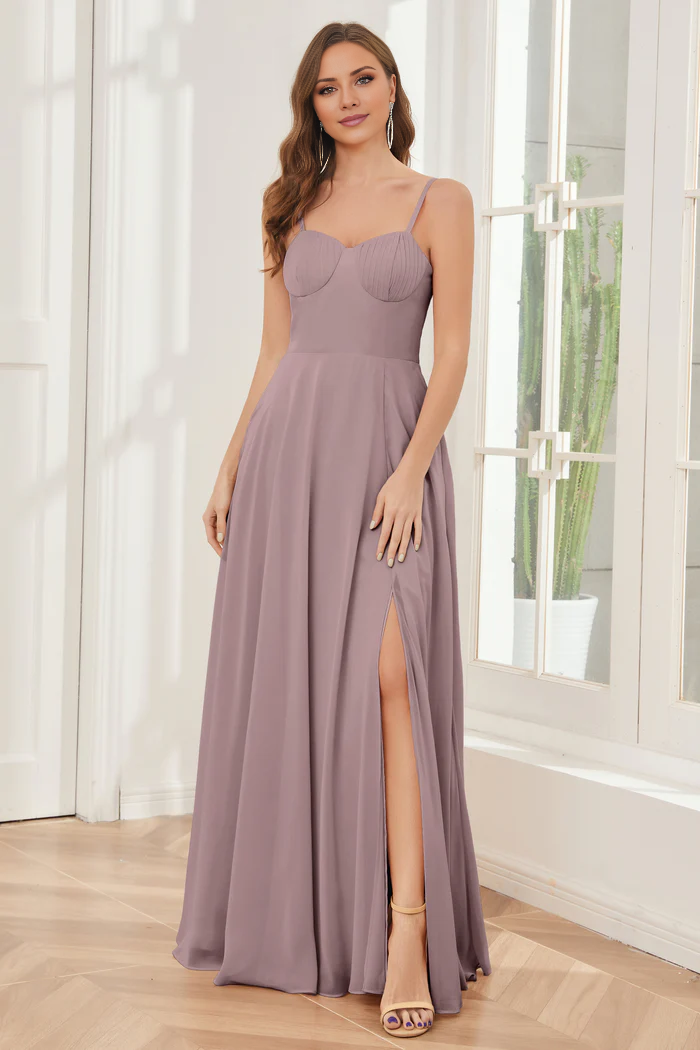 A-line slim shoulder chiffon side slit and floor length bridesmaid dress