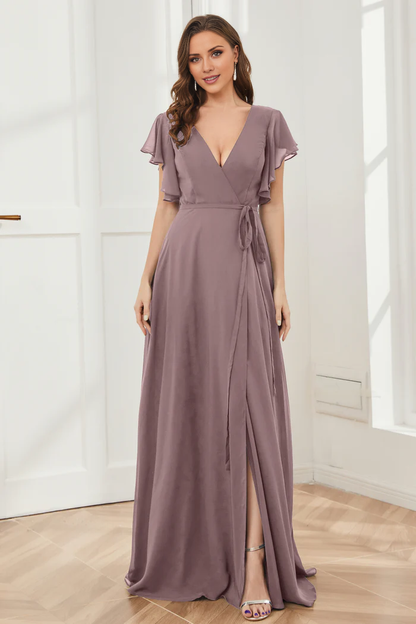 V-neck ruffled sleeve chiffon slit and floor length bridesmaid dress