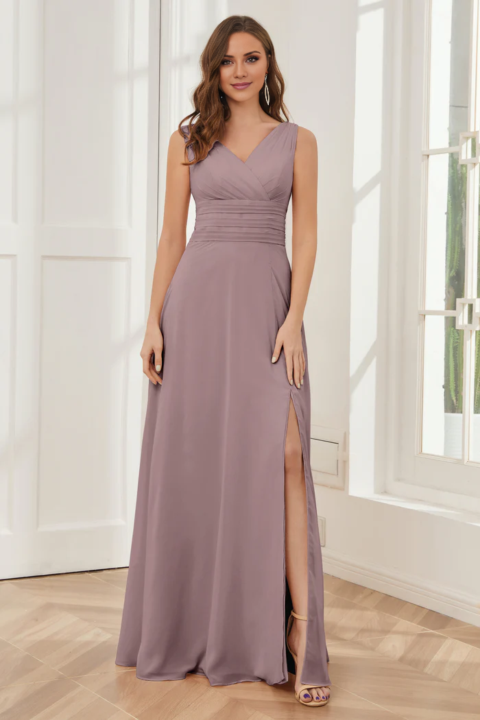 V-neck sleeveless chiffon side slit and floor length bridesmaid dress