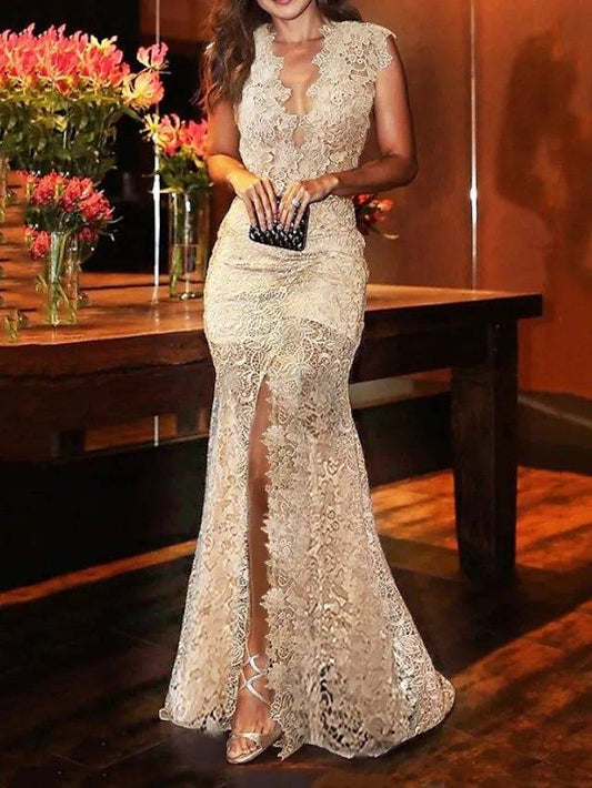 Mermaid / Trumpet Sexy Floral Engagement Formal Evening Dress V Neck Sleeveless Sweep / Brush Train Lace with Split - RongMoon