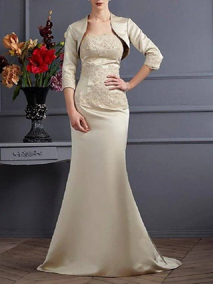 Two Piece Mermaid / Trumpet Mother of the Bride Dress Wrap Included Strapless Sweep / Brush Train Satin 3/4 Length Sleeve with Lace - RongMoon