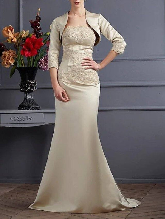 Two Piece Mermaid / Trumpet Mother of the Bride Dress Wrap Included Strapless Sweep / Brush Train Satin 3/4 Length Sleeve with Lace - RongMoon