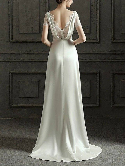 A-Line Wedding Dresses V Neck Sweep / Brush Train Satin Short Sleeve Romantic Vintage 1950s with Lace - RongMoon