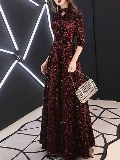 A-Line Minimalist Sparkle Prom Formal Evening Dress Jewel Neck 3/4 Length Sleeve Floor Length Sequined with Sequin Solid - RongMoon