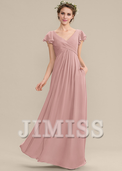Tiered Ruffle A-Line V-Neck Floor-Length Chiffon Bridesmaids Dress