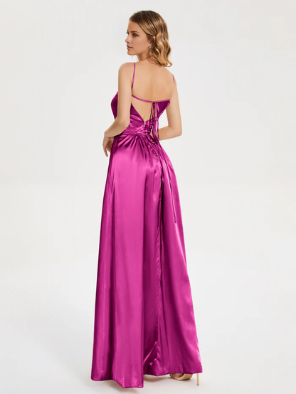 Thin shoulder strap slit backless soft satin and floor length bridesmaid dress