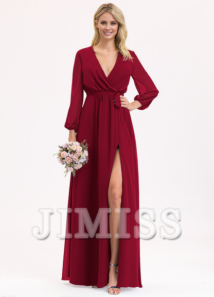 A-Line V-Neck Floor Length Chiffon Bow Pleated Bridesmaids Dress
