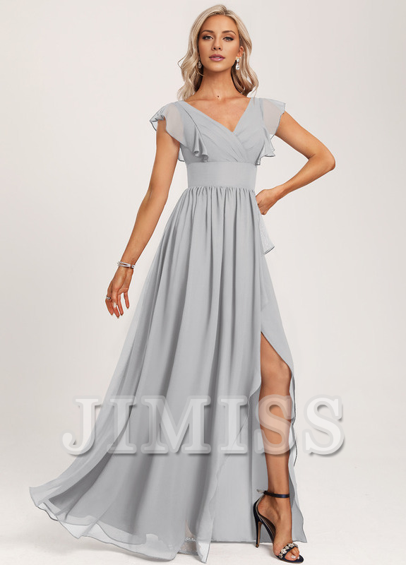 Ruffled A-line V-neck Floor-length Chiffon Bridesmaids Dress