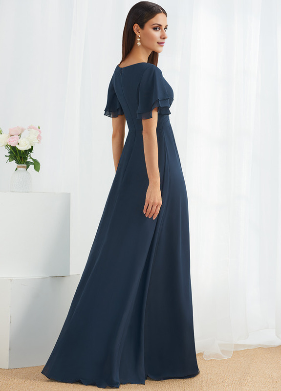 A-line V-neck floor-length chiffon bridesmaid dress
