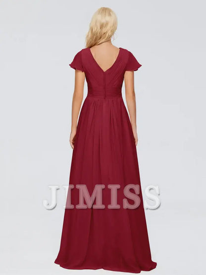 A-line V-neck chiffon side slit and floor length bridesmaid dress