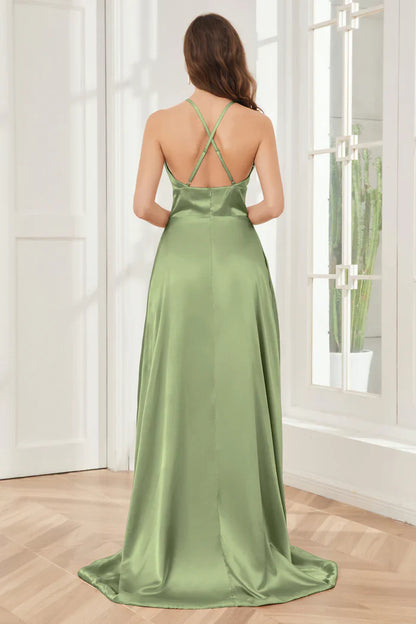 Column neck hanging soft satin and floor length bridesmaid dress