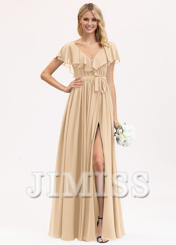 A-line V-neck floor-length chiffon bow tiered ruffle bridesmaid dress