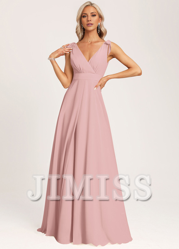 A-line V-neck floor-length chiffon bow bridesmaid dress