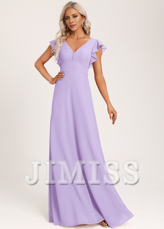 Ruffled A-line V-neck Floor-length Chiffon Bridesmaids Dress