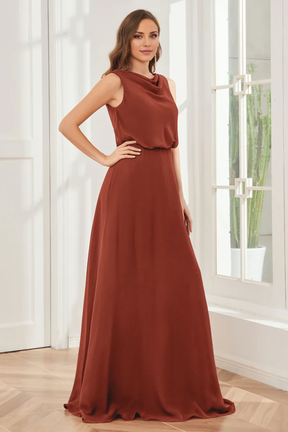 Pillar style wind neck sleeveless chiffon and floor length bridesmaid dress