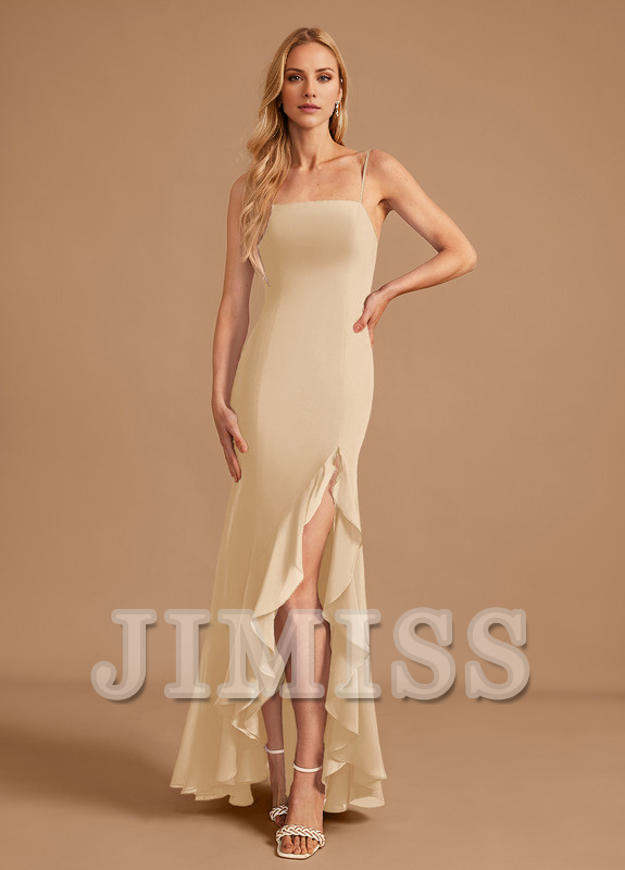 Trumpet Fishtail Square Floor Length Chiffon Ruffle Bridesmaid Dress