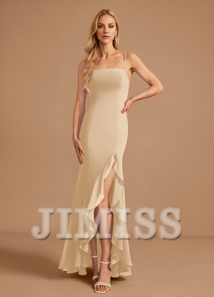 Trumpet Fishtail Square Floor Length Chiffon Ruffle Bridesmaid Dress
