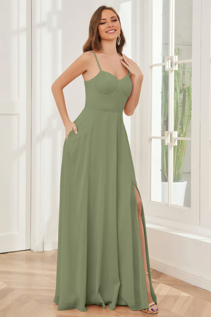 A-line slim shoulder chiffon side slit and floor length bridesmaid dress