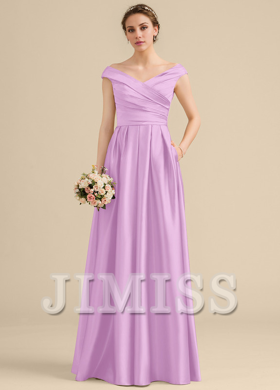 Ruffled A-Line Off-The-Shoulder Floor-Length Satin Bridesmaids Dress