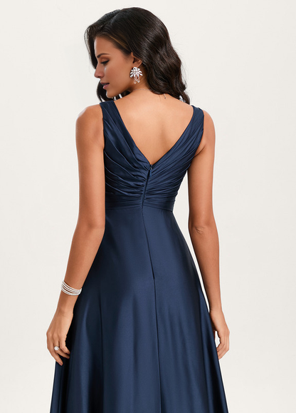 Ruffled A-line V-neck Floor-length Satin Bridesmaids Dress