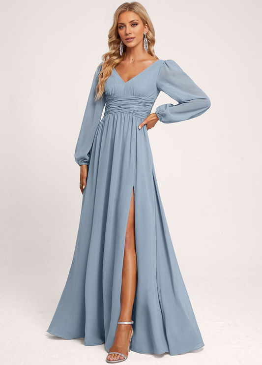 Ruffled A-line V-neck Floor-length Chiffon Bridesmaids Dress