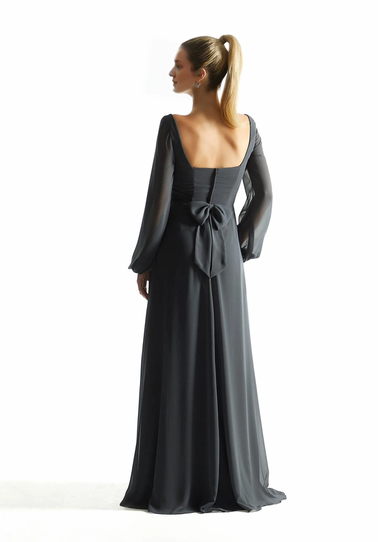 A-line square neckline chiffon long sleeved square back bridesmaid dress