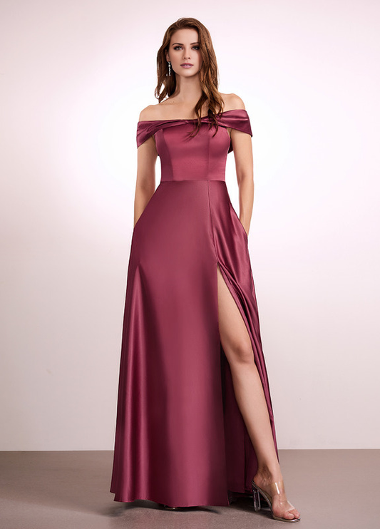 A-Line Off-The-Shoulder Floor-Length Satin Bridesmaids Dress
