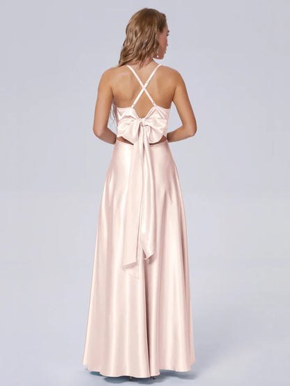 Elegant shoulder strap soft satin and floor length bridesmaid dress
