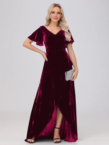 V-neck short sleeved ruffled velvet and floor length bridesmaid dress