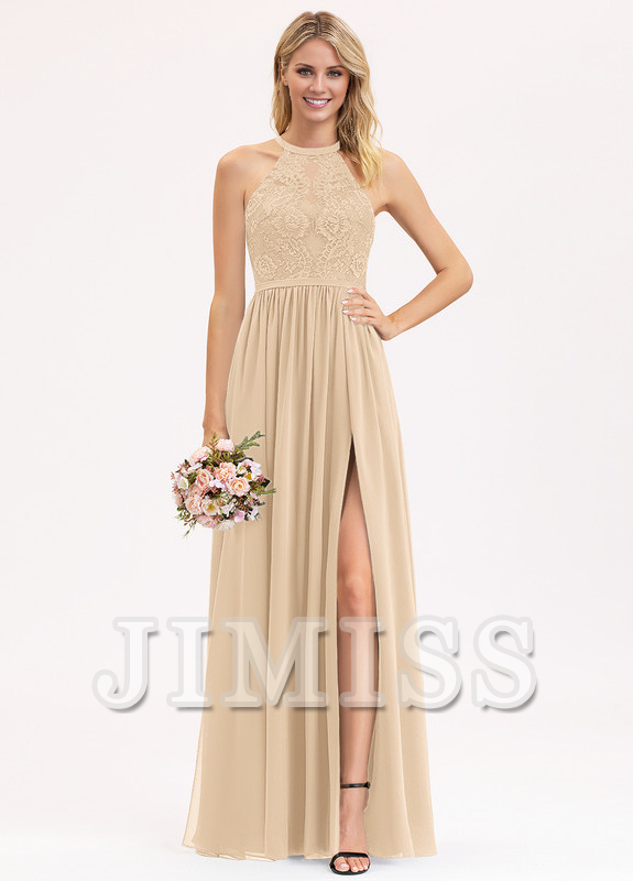 A-line Scoop Neck Floor Length Lace Chiffon Bridesmaids Dress
