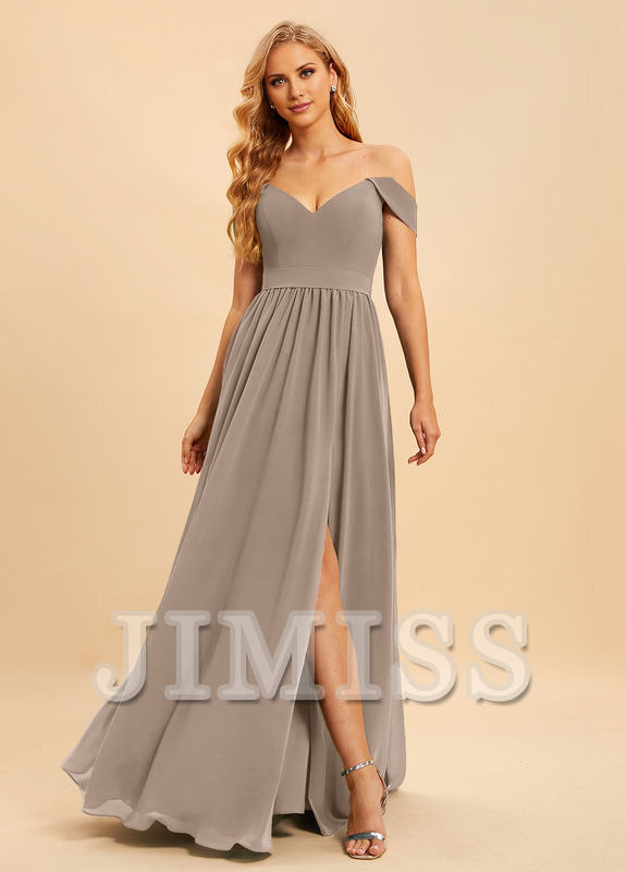 A-line off-the-shoulder floor-length chiffon bridesmaid dress