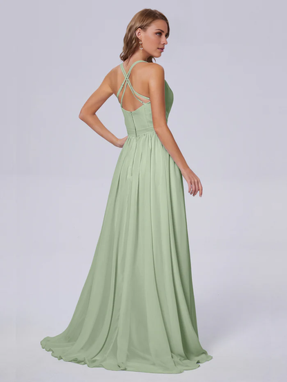Elegant shoulder strap chiffon and floor length bridesmaid dress