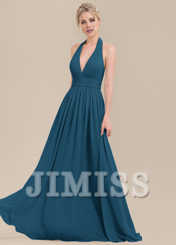 Ruffled A-Line Halter Neck Floor Length Chiffon Bridesmaids Dress
