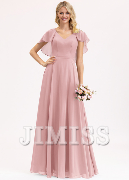 Tiered Ruffle A-Line V-Neck Floor-Length Chiffon Bridesmaids Dress