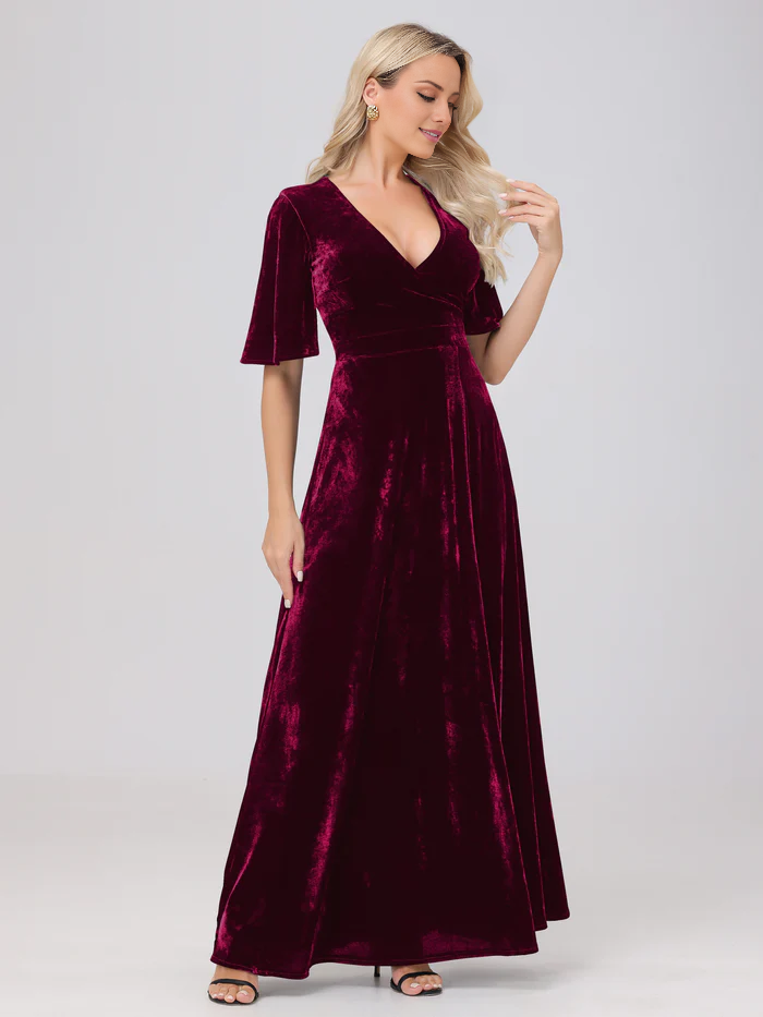 A-line V-neck short sleeved slit velvet and floor length bridesmaid dress