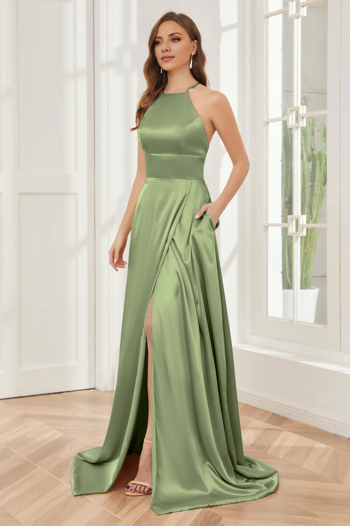 Column neck hanging soft satin and floor length bridesmaid dress