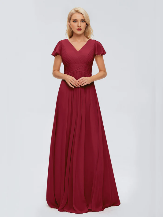 A-line V-neck chiffon and floor length bridesmaid dress