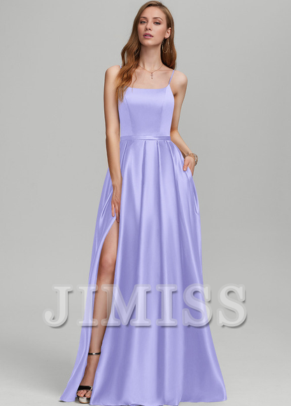 A-Line Square Floor Length Satin Bridesmaids Dress