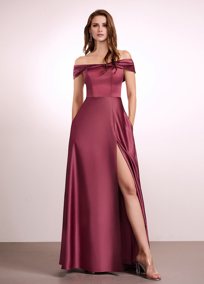 A-Line Off-The-Shoulder Floor-Length Satin Bridesmaids Dress