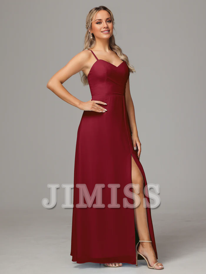 Thin shoulder strap sweetheart chiffon side slit bridesmaid dress