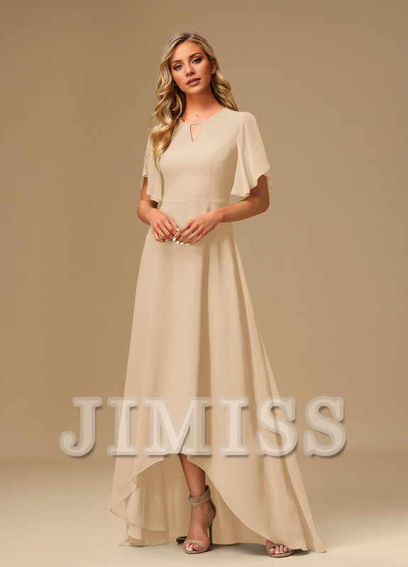 Ruffled A-line Boat Neck Asymmetric Chiffon Bridesmaids Dress